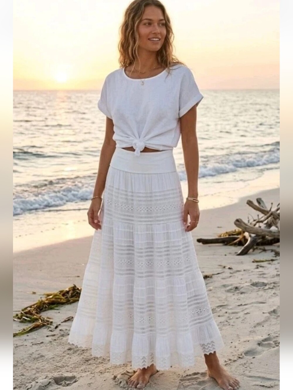 Vintage Y2k White Tiered Gauzy Maxi Skirt Fold Over Waist Crochet Lace Boho S - Picture 1 of 9